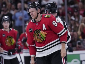Chicago Blackhawks' Corey Perry heads to the penalty box during a game earlier this season