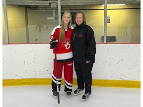 Lauren (left) and Donnell Schoenhofen of Canada's Under-21 entry at the 2023 World Ringette Championships.