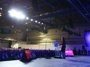 Danielle Smith addresses supporters at the BMO Centre during the UCP Annual General Meeting in Calgary on Saturday, November 4, 2023.