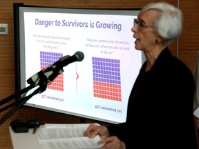 Jan Reimer, Executive Director, Alberta Council of Women's Shelters, takes part in a press conference where data from women's shelter was released showing an upswing in Alberta's domestic abuse indicators, in Edmonton Friday Nov. 24, 2023.