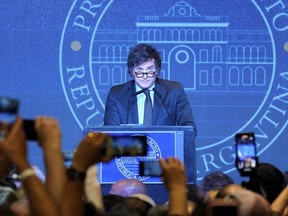 Presidential candidate of the Liberty Advances coalition Javier Milei speaks in Buenos Aires, Argentina, Sunday, Nov. 19, 2023.
