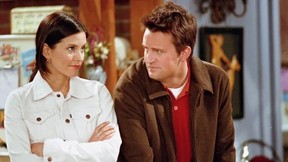 Monica (Courteney Cox) and Chandler (Matthew Perry) in a scene from Friends.