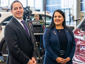 Education Minister Demetrios Nicolaides, left, and Advanced Education Minister Rajan Sawhney anounce on Monday, Sept. 25, 2023, a $12.4-million investment from Alberta's government, which will create almost 2,000 new apprenticeship seats across the province.