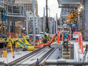 Construction continued at the new Victoria Park/Stampede CTrain station on Wednesday, October 18, 2023.