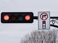 A sign prohibiting right turns at a red light is seen Friday, November 10, 2023 in Deux-Montagnes, Que.THE CANADIAN PRESS/Ryan Remiorz