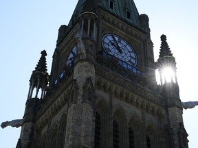 The Peace Tower is pictured from the roof of the Centre Block during a media tour of the Centre Block restoration project on Parliament Hill in Ottawa, Thursday, June 22, 2023.