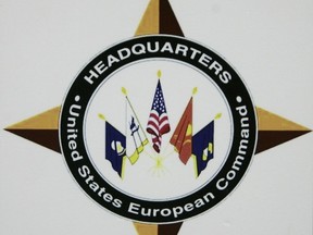 FILE - The logo of the headquarters of the US European Command (US EUCOM) is seen in the Patch Barracks in Stuttgart, southwestern Germany, Dec. 4, 2006. Five U.S. servicepeople were killed when a military aircraft crashed over the eastern Mediterranean Sea during a training mission, U.S. European Command said Sunday, Nov. 12, 2023.