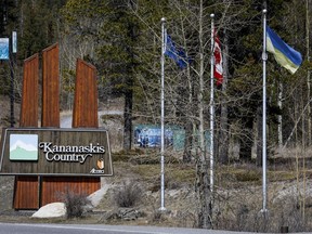 A sign marking the entrance to Kananaskis Country in Canmore, Alta., Monday, April 24, 2023.