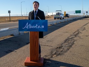 Transportation Minister Devin Dreeshen talks about the changes to automated traffic enforcement programs in Alberta on Thursday, Nov. 23, 2023 in Edmonton.