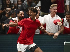 Canada's Gabriel Diallo celebrates his victory against Sweden's Elias Ymer during their Davis Cup group stage tennis match at the Unipol Arena, Bologna, Italy, Thursday, Sept. 14. 2023. Canada will host South Korea in a to-be-determined location in the 2024 Davis Cup tennis qualifiers from Feb. 2-4.THE CANADIAN PRESS-Massimo Paolone/LaPresse via AP