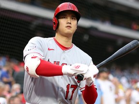 Shohei Ohtani #17 of the Los Angeles Angels looks on before playing against the Philadelphia Phillies at Citizens Bank Park on August 29, 2023 in Philadelphia.
