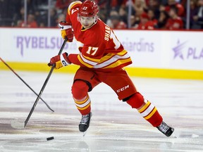 Yegor Sharangovich #17 of the Calgary Flames skates down the ice during the third period
