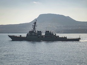 The guided-missile destroyer USS Carney is seen in Souda Bay, Greece.
