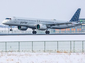 A Porter Airlines jet lands at the Calgary International Airport on Monday, March 6, 2023. The airline will begin flying non-stop between Calgary and Montreal in May 2024.