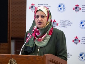 Salma Zahid, Liberal MP for Scarborough Centre, speaks during a discussion titled "Voices for Peace" organized by the Ahmadiyya Muslim Youth Association in the Parliamentary Precinct of Ottawa, on Monday, Dec. 4, 2023.