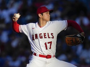 Los Angeles Angels starting pitcher Shohei Ohtani throws during a baseball game against the Los Angeles Dodgers in Anaheim, Calif., June 21, 2023.