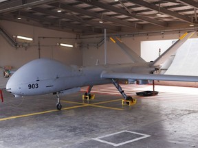 An Israeli Air Force Hermes 900 unmanned aerial vehicle (UAV) at Palmachim Airbase in Palmachim, Israel, on Nov. 22.