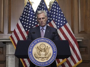 FILE - Rep. Kevin McCarthy, R-Calif., speaks to reporters hours after he was ousted as Speaker of the House, Tuesday, Oct. 3, 2023, at the Capitol in Washington.