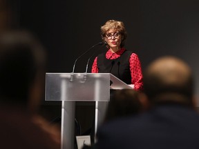 Mayor Jyoti Gondek announces the city's transitional housing projects at the Calgary Housing Crisis conference on Thursday.