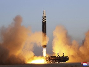 FILE - This photo provided by the North Korean government shows what it says is an intercontinental ballistic missile in a launching drill at the Sunan international airport in Pyongyang, North Korea on March 16, 2023. Independent journalists were not given access to cover the event depicted in this image distributed by the North Korean government. The content of this image is as provided and cannot be independently verified. Korean language watermark on image as provided by source reads: "KCNA" which is the abbreviation for Korean Central News Agency.