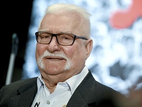 Lech Walesa former President of Poland, speaks after being awarded with the "Golden Medal for services to reconciliation and understanding among peoples" in Berlin, Monday Sept. 26, 2022.