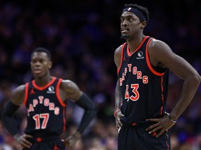 Pascal Siakam of the Toronto Raptors looks on during a game against the Philadelphia 76ers at the Wells Fargo Center on December 22, 2023 in Philadelphia, Pennsylvania.