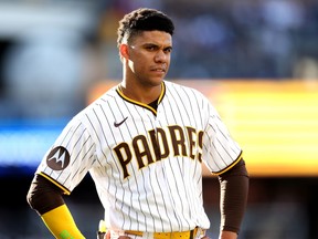 Juan Soto of the San Diego Padres looks on during a game against the Los Angeles Dodgers at PETCO Park on May 6, 2023 in San Diego.