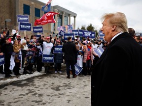 Republican presidential candidate, former U.S. President Donald Trump visits a polling site on primary day in Londonderry, New Hampshire, on January 23, 2024.