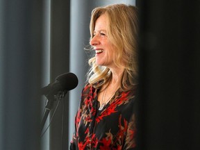 Alberta NDP Leader Rachel Notley speaks during a press conference at cSPACE in Calgary on Wednesday, November 15, 2023.