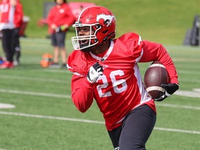 Calgary Stampeders running back Dedrick Mills runs with the ball during practice at McMahon Stadium on Tuesday, September 19, 2023. Gavin Young/Postmedia