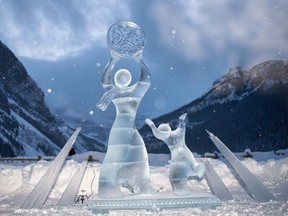 An ice sculpture called Sun Dance seems to be beckoning the gods at the Ice Magic sculpting competition at Lake Louise on Friday, January 18.