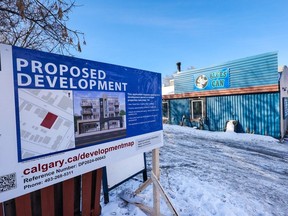 A proposed development sign at the site of The Blues Can in Inglewood was photographed on Wednesday, January 24, 2024. Gavin Young/Postmedia