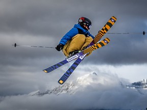 A skier takes to the air in the Boulevard Terrain Park at Lake Louise Ski Resort