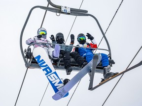 A photo of Angel Express Quad Chairlift at Banff Sunshine Village on Wednesday, January 3, 2024, with the lift being replaced by a Bubble Six-Pack next season, the Angel lift will find a new home at Castle Mountain Resort