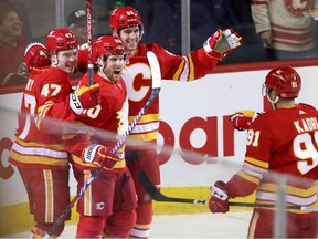 Calgary Flames Blake Coleman scores game winner on Ottawa Senators goalie Joonas Korpisalo in third period NHL action at the Scotiabank Saddledome in Calgary on Tuesday, January 9, 2024. Darren Makowichuk/Postmedia