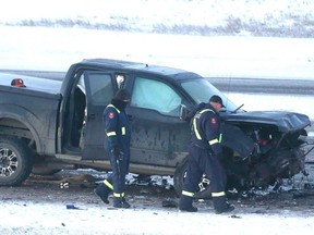 Calgary police investigate the scene of a fatal accident on Deerfoot Trail near 32nd Avenue N.E. in Calgary on Friday, December 2, 2022.