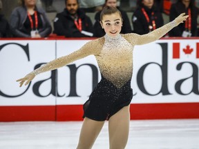 Kaiya Ruiter, of Alberta, skates during the senior women free program at the Canadian figure skating championships in Calgary, Saturday, Jan. 13, 2024.THE CANADIAN PRESS/Jeff McIntosh