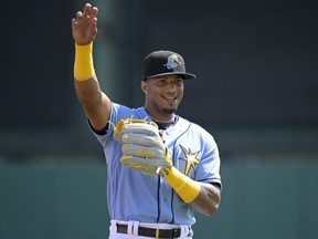 Tampa Bay Rays' Wander Franco warms up before a spring training baseball game against the New York Yankees, Tuesday, Feb. 28, 2023, in Kissimmee, Fla.