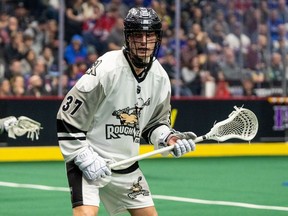 Robert Hudson of the Calgary Roughnecks during a game against the Toronto Rock on Saturday, February 10, 2024, at the FirstOntario Centre in Hamilton, Ontario.
