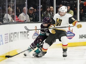 The Calgary Flames have claimed defenceman Brayden Pachal off waivers from the Vegas Golden Knights. Anaheim Ducks defenseman Radko Gudas, left, and Pachal, right, vie for the puck during third period NHL action in Anaheim, Calif., on Sunday, Nov. 5, 2023.
