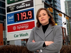 Kathleen Ganley, Alberta NDP Energy & Climate Critic, demands the UCP stop focusing on lining their own pockets and instead cut drivers a break by leaving the fuel tax off come Jan. 1 in Calgary on Thursday, December 14, 2023.