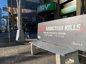 A government of Alberta ad promoting an opioid treatment program is at Jasper Avenue and Rice Howard Way in Edmonton on Monday, Feb. 19, 2024.