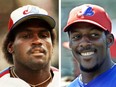 Montreal Expos legends Tim Raines, left, in 1986 and right-fielder Vladimir Guerrero in 2001.