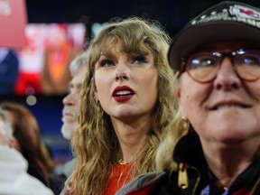 Taylor Swift, left, is pictured here with Donna Kelce at the AFC Championship NFL football game, Sunday, Jan. 28, 2024, in Baltimore.