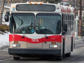 Calgary Transit has implemented detours for some bus routes after a sudden blast of snow hit the Calgary area on the afternoon of Thursday, Feb. 29, 2024. This file image shows a Calgary Transit bus on Elbow Dr. S.W. in January 2020.