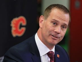 Calgary Flames general manager Craig Conroy speaks with media at the Scotiabank Saddledome.