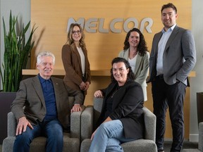 Tim Melton, CEO and executive chairman of Melcor Developments, left, and Naomi Stefura, COO/CFO, centre, are joined by Michaela Davis, Melcor regional manager, top left, Susan Keating, vice-president, and PJ Pescod, regional manager at the Edmonton head office.