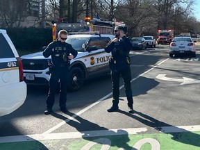 Members of the U.S. Secret Service uniformed division block access to a street leading to the Embassy of Israel in Washington on February 25, 2024.