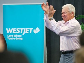 WestJet founding shareholder and former chairman of the board Clive Beddoe celebrated WestJet's 7th leap year birthday chatting with employees about the early days of the airline on Thursday, February 29, 2024. WestJet took to the skies for the first time on February 29,1996. Gavin Young/Postmedia