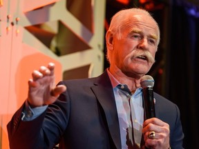 Calgary Flames icon Lanny McDonald speaks during the team’s 40th season luncheon at the Scotiabank Saddledome on March 9, 2020.